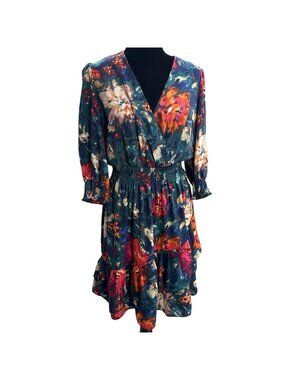 Maison Tara Floral Long-Sleeve Midi Dress Size 6 Smocked Waist (NN529)